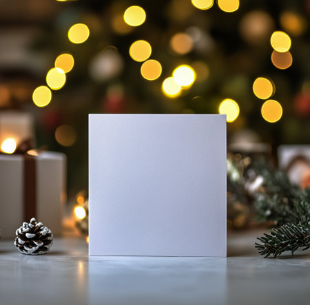 A blank holiday card rests on a table surrounded by festive ornaments and pinecones, highlighting the warm glow from a beautifully decorated Christmas tree nearby.の素材