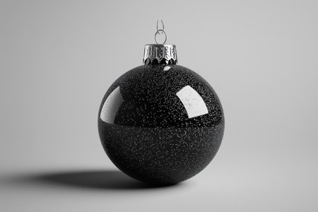 A shiny black Christmas ornament featuring a silver top glistens against a simple gray backdrop. The ornament reflects light, adding a touch of elegance to seasonal decorations.の素材