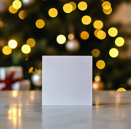 A blank card rests on a table surrounded by pine cones and green foliage, set against a background of a beautifully lit Christmas tree, creating a warm festive atmosphere.の素材