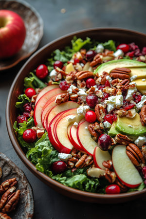 Colorful salad featuring sliced apples, avocado, nuts, and greens served in a wooden bowl alongside fresh apples on a rustic table.の素材