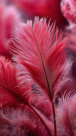 Delicate red feathers showcase intricate textures and patterns, creating a stunning visual experience at a craft fair in autumn, highlighting natures artistry.の素材