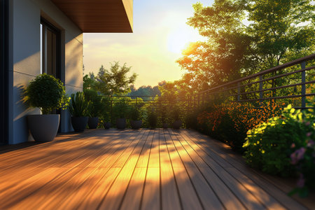A serene deck made of rich wood surrounded by vibrant potted plants glows under the soft light of sunset, creating a peaceful atmosphere in a lush garden.の素材