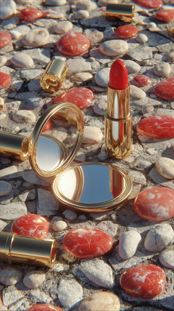 A vibrant red lipstick stands tall among various beauty products scattered across a textured pink fabric, showing casing elegance and style in a makeup collection.の素材