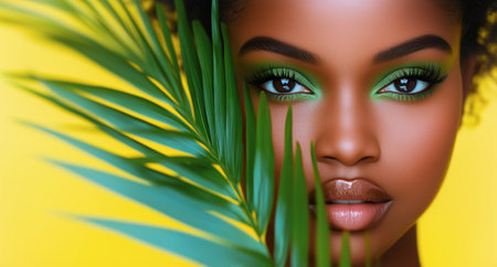 A model showcases bold green makeup against a bright yellow background, framed by lush green leaves. The striking colors highlight her features and create an eye-catching composition.の素材