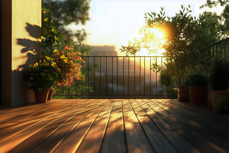 A spacious balcony features a polished wooden floor, bathed in warm morning sunlight. Potted plants add greenery, enhancing the urban atmosphere with a refreshing outdoor feel.の素材