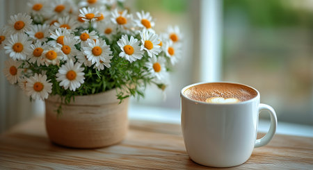 A white cup of coffee rests on a wooden table beside a pot of daisies. Natural light illuminates the space, creating a warm and inviting atmosphere for relaxation.の素材