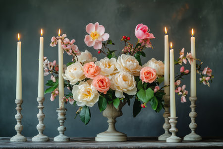 Three glowing candles on wooden holders stand among fresh roses, creating a serene ambiance in a dimly lit setting. This composition inspires relaxation and tranquility.の素材
