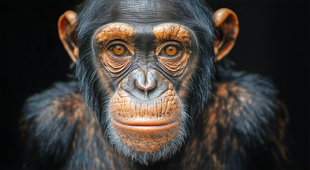 A chimpanzee looking thoughtfully upwards with curiosity while resting in its natural surroundings during the day. The creature displays distinct facial features and fur texture.の素材