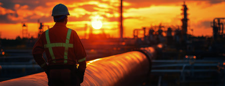 A worker in safety gear watches the sunset near a long pipeline. The sky glows orange and purple as dusk approaches, creating a serene yet industrial atmosphere.の素材