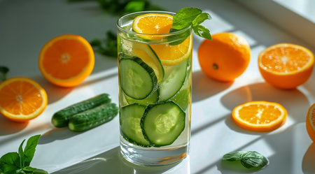 A glass filled with slices of cucumber and orange sits on a kitchen counter. Sunlight highlights the fresh ingredients, creating a vibrant and inviting atmosphere.の素材