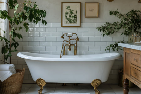 This inviting bathroom features a white clawfoot bathtub with gold accents, surrounded by lush plants and framed botanical art, creating a tranquil and stylish atmosphere.の素材