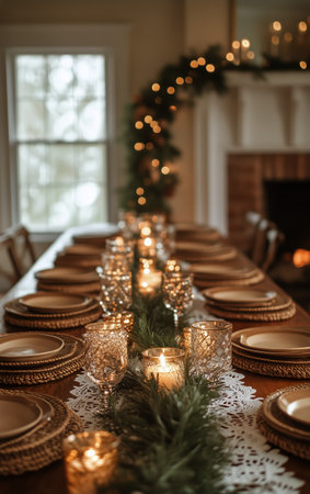A beautifully arranged dining table features woven placemats, plates, and an array of candles, radiating warmth in a cozy room. Soft lights illuminate the inviting ambiance.の素材