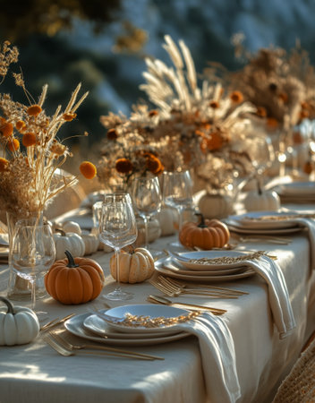 A beautifully arranged table features small pumpkins and elegant floral displays under soft natural light. This serene outdoor setting captures the essence of autumn gatherings.の素材