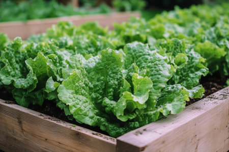 Lettuce plants grow lush and vibrant in a well-tended garden bed, soaking up natural sunlight. The leaves are crisp and green, indicating healthy growth and ideal gardening conditions.の素材