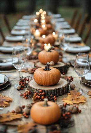 Long wooden table adorned with pumpkins, leaves, and candles set in a scenic outdoor area, perfect for a festive fall gathering with friends and family.の素材