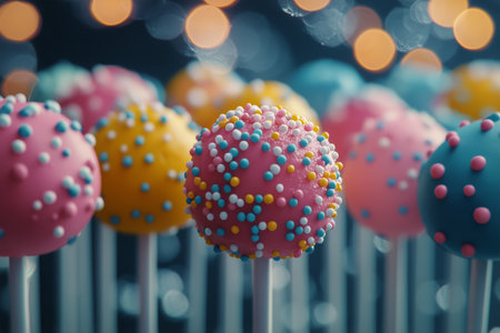 Delightful cake pops in bright colors, adorned with colorful sprinkles, create a cheerful display perfect for a party or special event. Their festive look adds joy to any setting.の素材