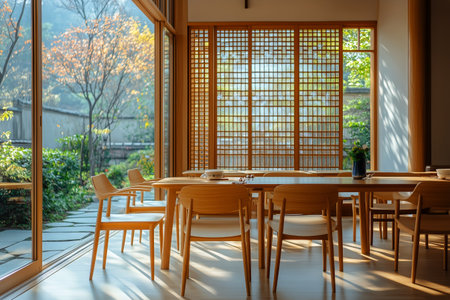 A bright and spacious cafe interior wooden features tables and chairs with large windows offering views of greenery outside. A tranquil atmosphere invites relaxation and conversation.の素材