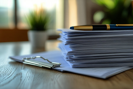 A stack of papers sits on a wooden table next to a pen, with a potted plant visible in the background. The light from the window illuminates the workspace, creating a calm ambiance.の素材