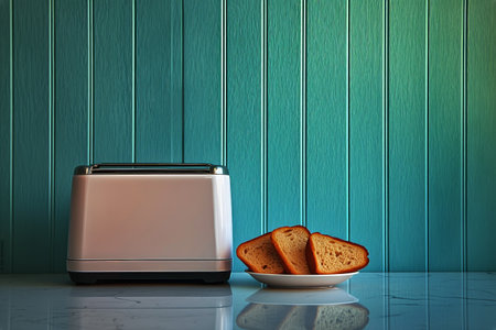 A sleek toaster sits on a marble countertop next to a plate filled with perfectly sliced bread. The wall features behind a calming teal color, enhancing the kitchen setting.の素材