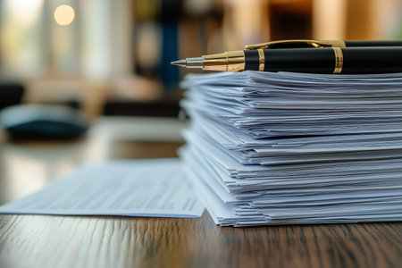 A stack of documents rests on a wooden desk with a sleek pen positioned on top. The background features natural light filtering through a window, enhancing the workspace atmosphere.の素材