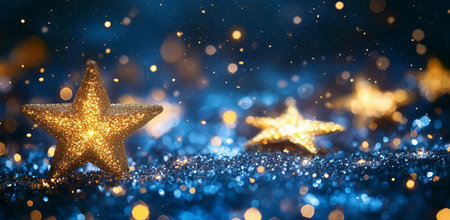 Golden stars glimmer brightly, surrounded by soft blue lights and sparkling particles. The environment exudes a joyful atmosphere perfect for celebrations and gatherings.の素材