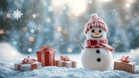 A cheerful snowman wearing a red and white striped hat and scarf stands amidst piled presents in a snowy landscape with falling snowflakes.の素材