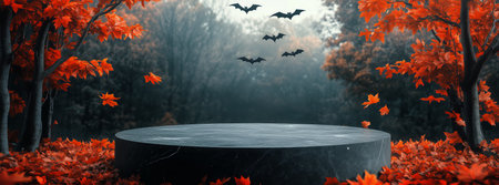 Orange and red fallen leaves surround a stone platform while bats fly overhead, capturing the essence of autumn in a mystical forest.の素材