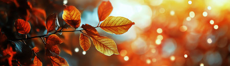 Colorful leaves display shades of orange and gold, gently swaying in the breeze against a backdrop of warm sunlight filtering through trees in a peaceful forest.の素材