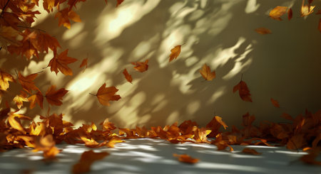 A cascade of colorful autumn leaves dances through the air, settling softly on a calm surface beneath. Sunlight filters through the trees, illuminating the vibrant hues.の素材
