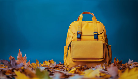 A bright yellow backpack sits among fallen autumn leaves in various shades on a textured surface. The contrasting blue background enhances the autumn colors.の素材