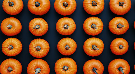 Rows of vibrant orange pumpkins fill the display at a harvest festival, showcasing the bounty of the season. Each pumpkin has a distinctive shape and texture.の素材