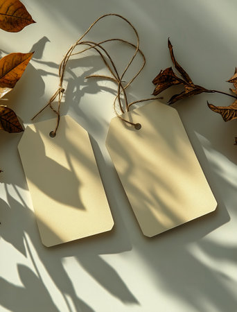 Blank tags rest on a smooth surface, casting gentle shadows as sunlight filters through surrounding dried leaves, creating a tranquil, natural atmosphere in the afternoon.の素材