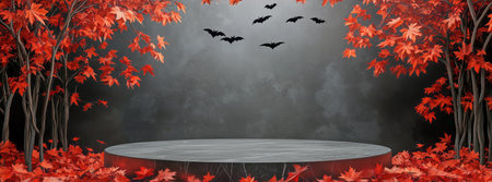 Bats soar through the air above a round platform nestled in a grove of red maple leaves. The backdrop displays a moody gray sky, enhancing the autumn atmosphere.の素材