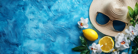 Summer accessories are thoughtfully arranged against a vibrant blue background, showcasing a straw hat, a fresh lemon, sunglasses, and blooming pink flowers for a cheerful vibe.の素材