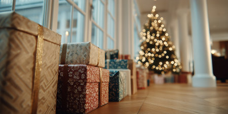 Wrapped gifts in colorful paper are arranged along a wooden floor, with a sparkling Christmas tree in the background, creating a warm holiday atmosphere.の素材