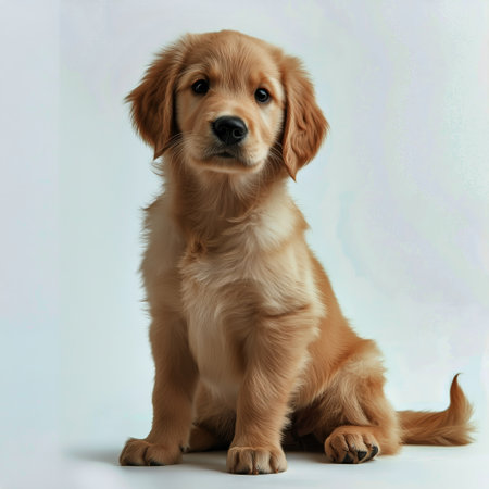 A fluffy retriever golden puppy sits on a light background, gazing curiously ahead. Its bright eyes and soft fur make it an adorable sight, showing youthful innocence and charm.の素材
