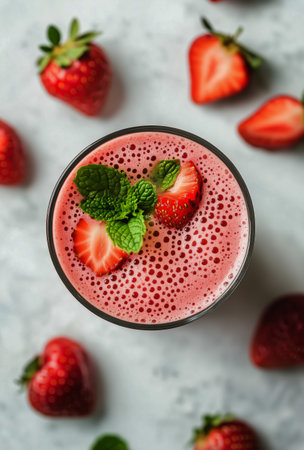 A refreshing strawberry smoothie sits in a glass, topped with mint leaves and fresh strawberry slices. Whole strawberries surround the glass on a light background.の素材