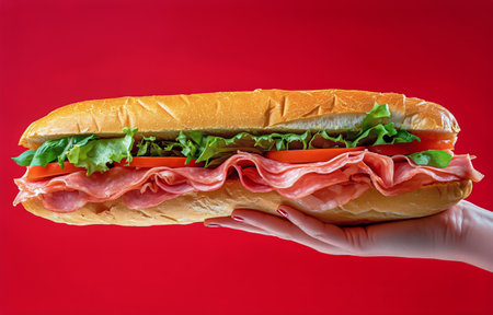 A delicious sandwich with layers of deli meats, fresh lettuce, and sliced tomatoes is held in one hand. The bright red background makes the sandwich stand out.の素材