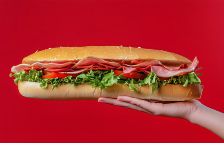 A delicious sandwich with layers of deli meats, fresh lettuce, and sliced tomatoes is held in one hand. The bright red background makes the sandwich stand out.の素材