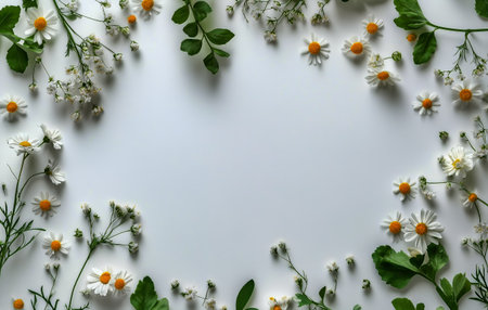 Bright and cheerful daisies and green leaves are arranged around a blank surface, creating a beautiful border for artistic projects or invitations.の素材