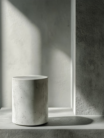 A concrete planter sits on a simple shelf against a textured wall, illuminated by soft sunlight casting gentle shadows, creating a serene ambiance in a modern space.の素材