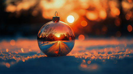A beautiful glass ornament reflects a vibrant sunset with warm colors over a snowy road. Trees are visible in the background, enhancing the serene winter scene.の素材