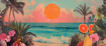 A bright orange sun sets over a calm ocean, casting a warm glow on the water. Tropical palm trees and vibrant fruits decorate the beach, creating a lively and inviting scene.の素材