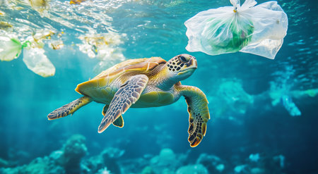 A sea turtle glides gracefully through clear waters while navigating around colorful plastic waste. Sunlight filters down, highlighting the urgent need for ocean cleanup.の素材