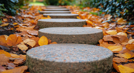 Stepping stones lead through a peaceful garden covered in vibrant autumn leaves. The scene captures the beauty of nature during fall, creating a tranquil atmosphere.の素材