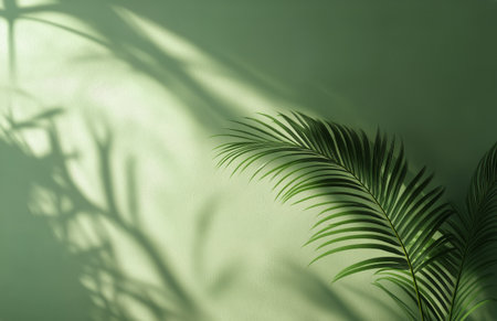 A vibrant palm leaf is close to a wall, creating intricate shadows in soft green tones. Natural afternoon light highlights the textures and shapes of the leaves and shadows.の素材