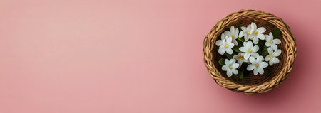 A woven basket holds delicate white flowers, adding a touch of elegance. The soft pink background enhances their beauty, perfect for a calm and soothing atmosphere.の素材
