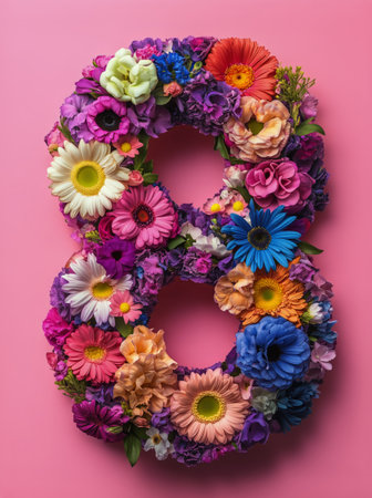 Bright, vibrant flowers arranged to form the number eight against a pink background. This display showcases various flower types and colors, creating a cheerful atmosphere.の素材