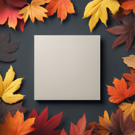 A gray square sits at the center, surrounded by vibrant fall leaves in shades of red, orange, yellow, and purple, creating a visually appealing arrangement on a dark background.の素材