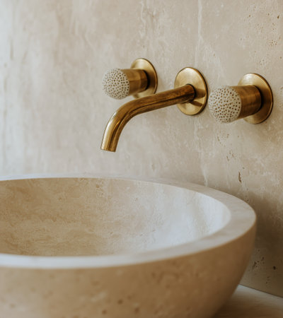 A beautifully crafted marble sink sits on a smooth surface, complemented by a sleek gold faucet and round mirror. This modern bathroom design highlights simplicity and elegance.の素材
